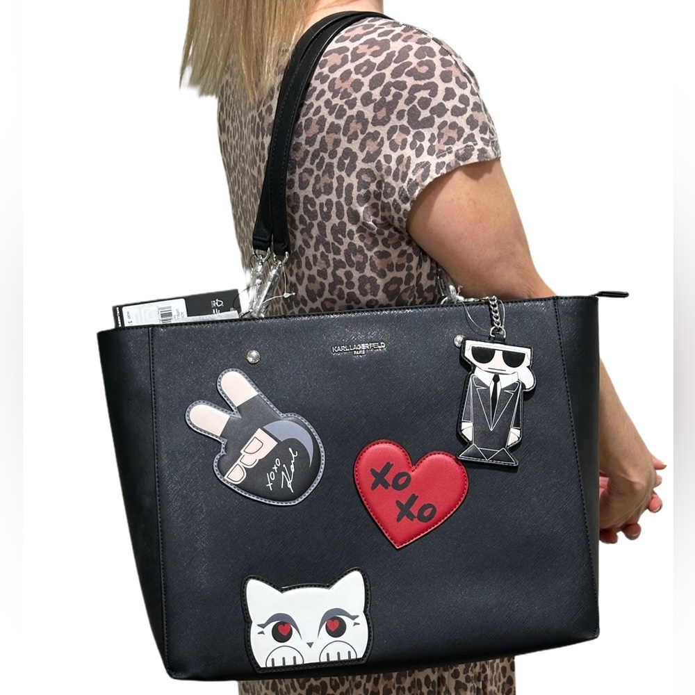 Karl Lagerfeld Black Tote with Patches & Charm Accents size 14 1/4 x 11 1/2” New - Picture 3 of 17